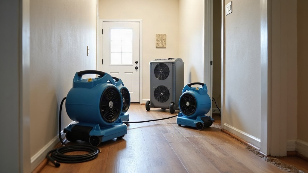 Professional air movers and a dehumidifier drying a Las Vegas home after water damage