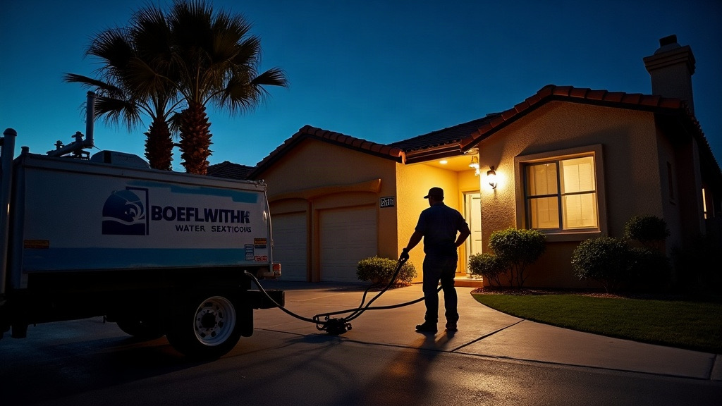Emergency water extraction crew arriving at a Las Vegas stucco home at night