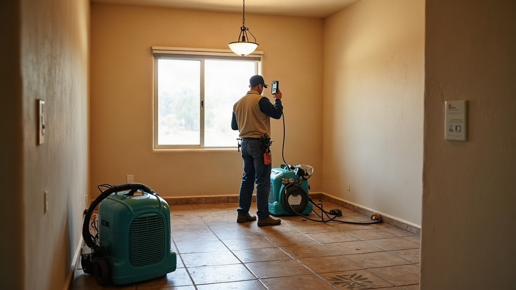 Water damage restoration technicians drying the interior of a stucco home in Las Vegas