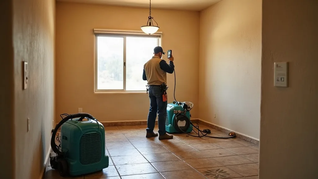 Water damage restoration equipment drying a flooded living room in Las Vegas