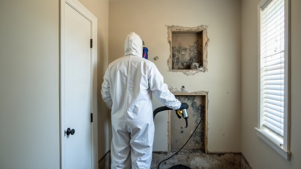 Mold remediation technician setting up containment and HEPA filtration in a Las Vegas home