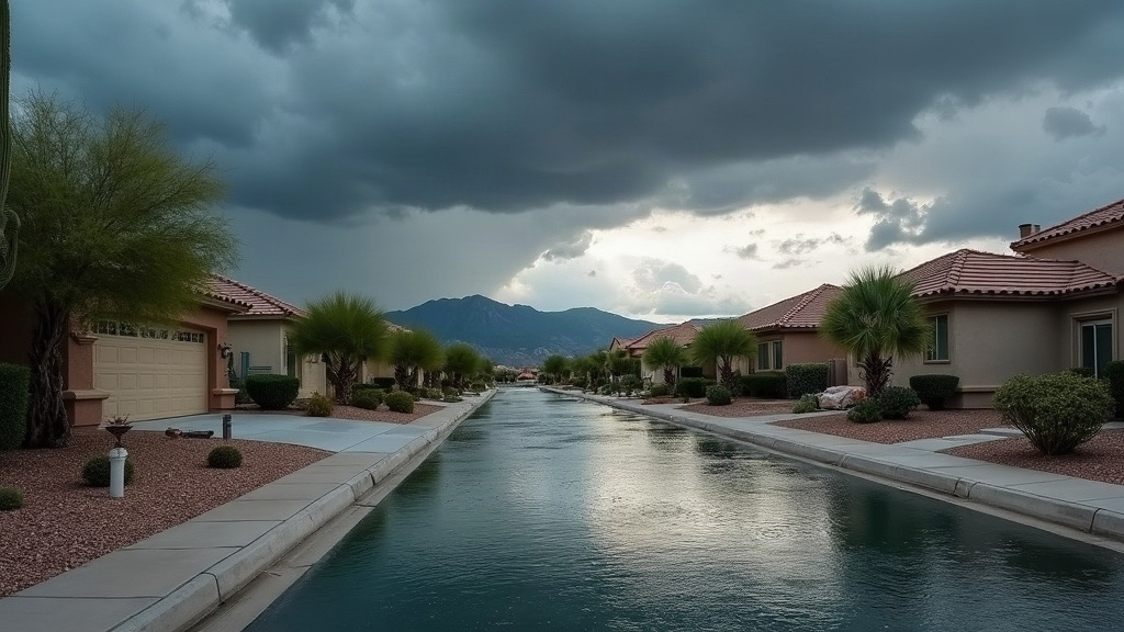 Monsoon flash flood water rushing along a Las Vegas residential street with stucco homes