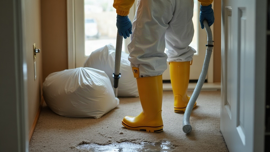 Technician in PPE removing sewage-contaminated carpet from a Las Vegas home